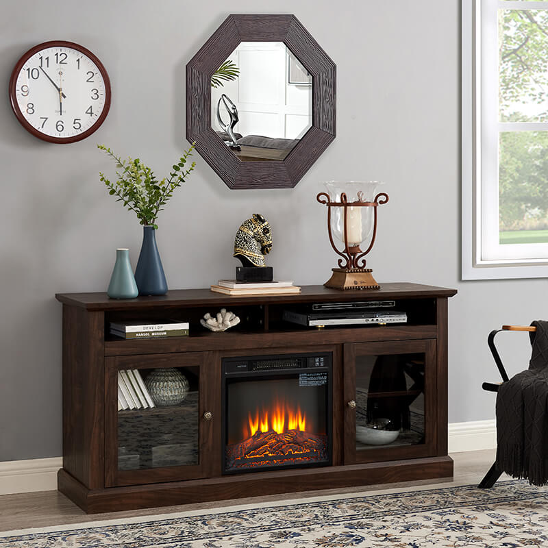 60" Brown TV Media Stand With Fireplace And  Storage Space