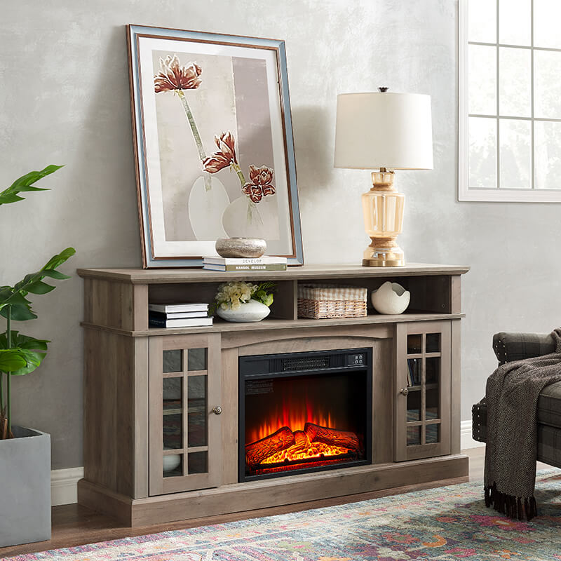 58.2" Grey Wash TV Media Stand With Fireplace And Storage Space