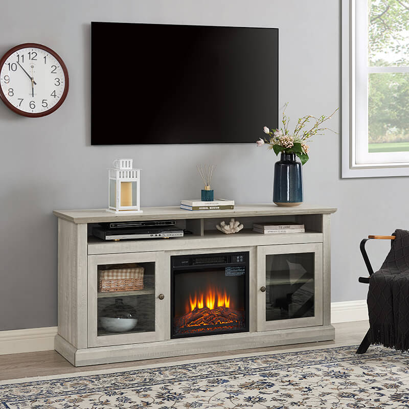 60" Stone Grey TV Media Stand With Fireplace And Storage Space