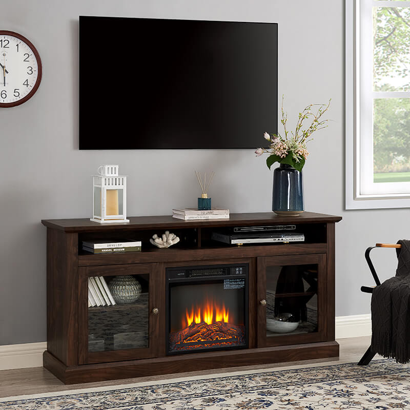 60" Brown TV Media Stand With Fireplace And  Storage Space