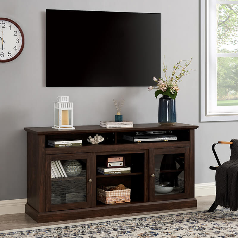 60" Brown TV Media Stand With Fireplace And Storage Space