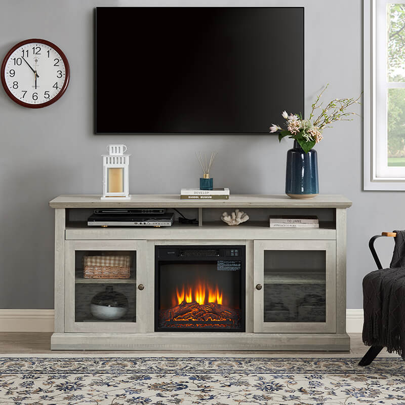 60" Stone Grey TV Media Stand With Fireplace And Storage Space