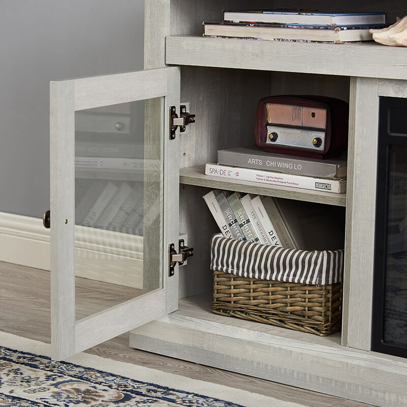 60" Stone Grey TV Media Stand With Fireplace And Storage Space