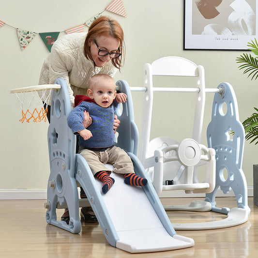 55.10" Baby Blue Toddler Swing And Slide 3 in 1 Set With Basketball Hoops