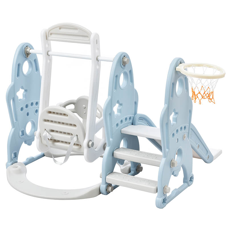 55.10" Baby Blue Toddler Swing And Slide 3 in 1 Set With Basketball Hoops