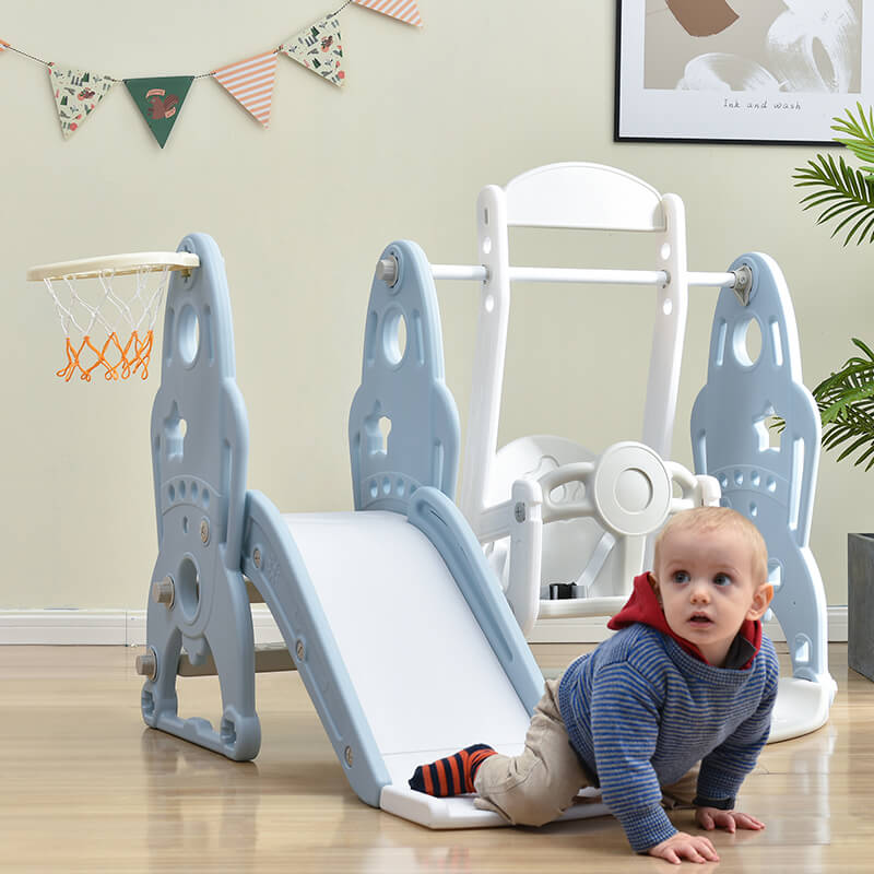 55.10" Baby Blue Toddler Swing And Slide 3 in 1 Set With Basketball Hoops