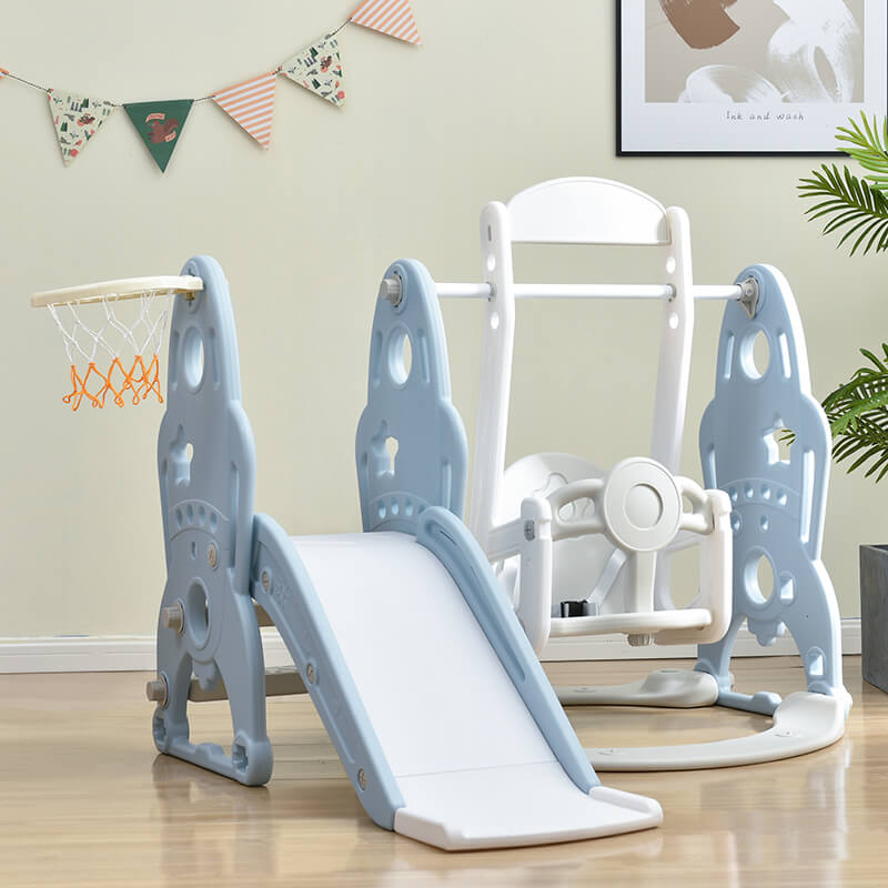 55.10" Baby Blue Toddler Swing And Slide 3 in 1 Set With Basketball Hoops