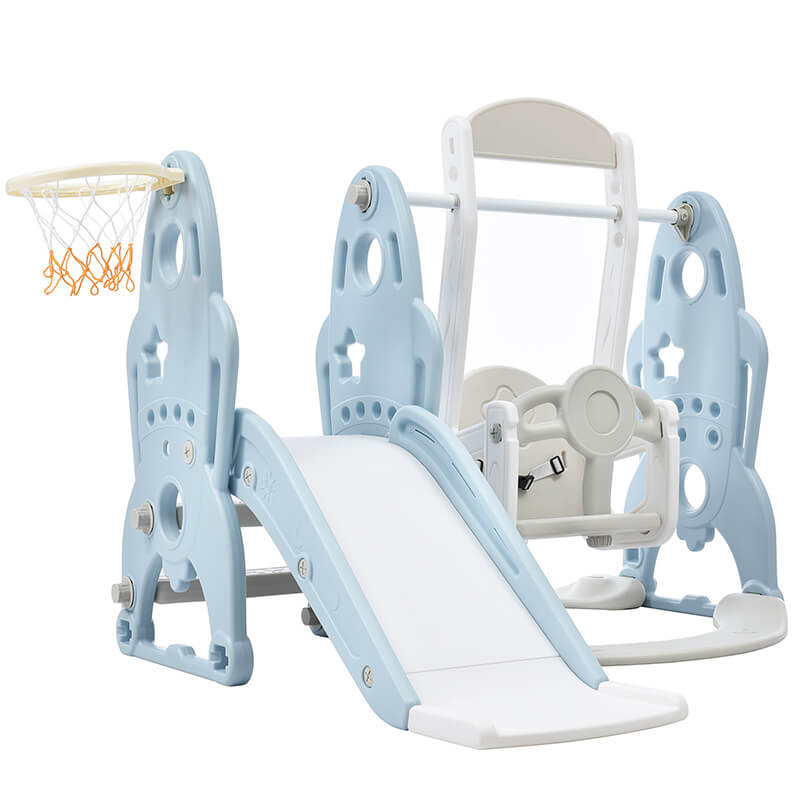 55.10" Baby Blue Toddler Swing And Slide 3 in 1 Set With Basketball Hoops