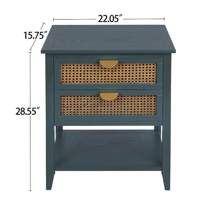 22.1" Green Natural Rattan 2-Drawer Nightstand