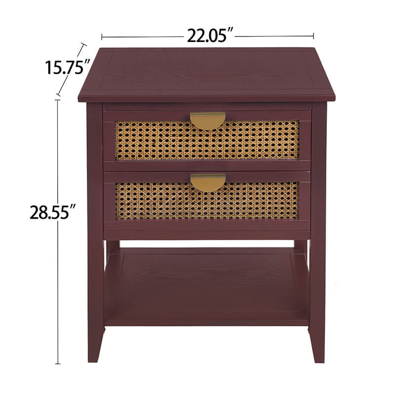 22.1" Red Natural Rattan 2-Drawer Nightstand