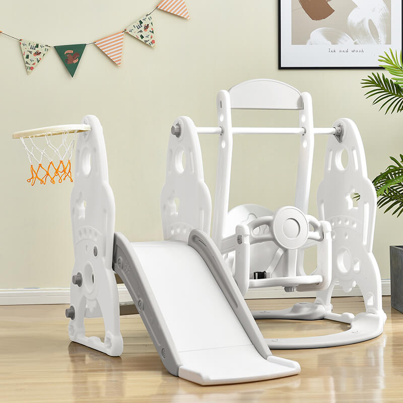 55.10" Grey Toddler Swing And Slide 3 in 1 Set With Basketball Hoops