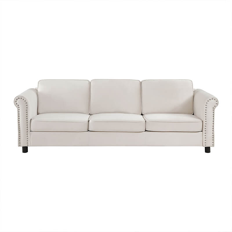 89.37" Beige Mid-Century Velvet 3-Seater Sofa