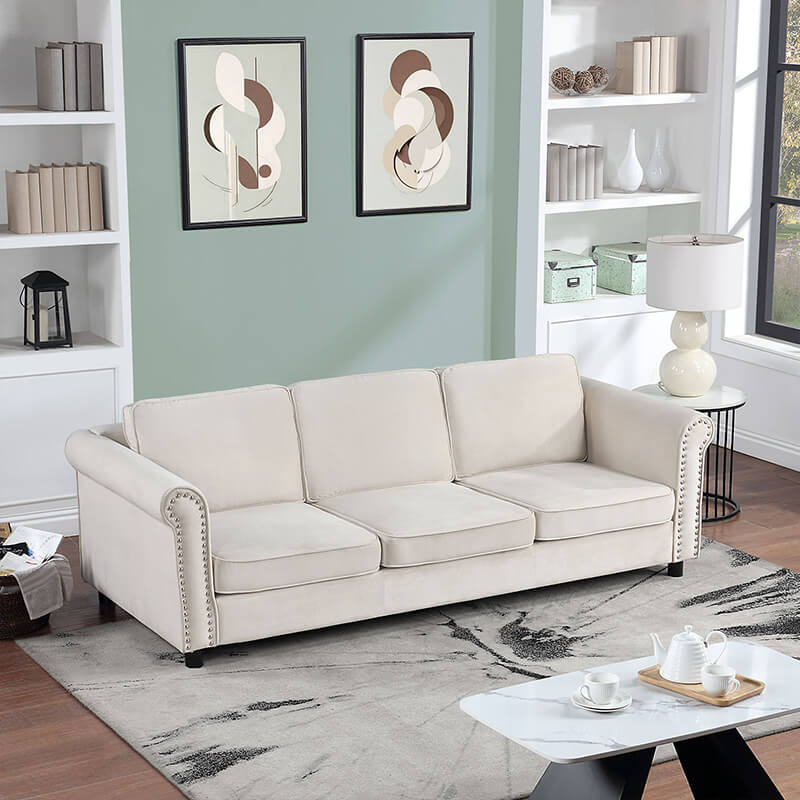 89.37" Beige Mid-Century Velvet 3-Seater Sofa