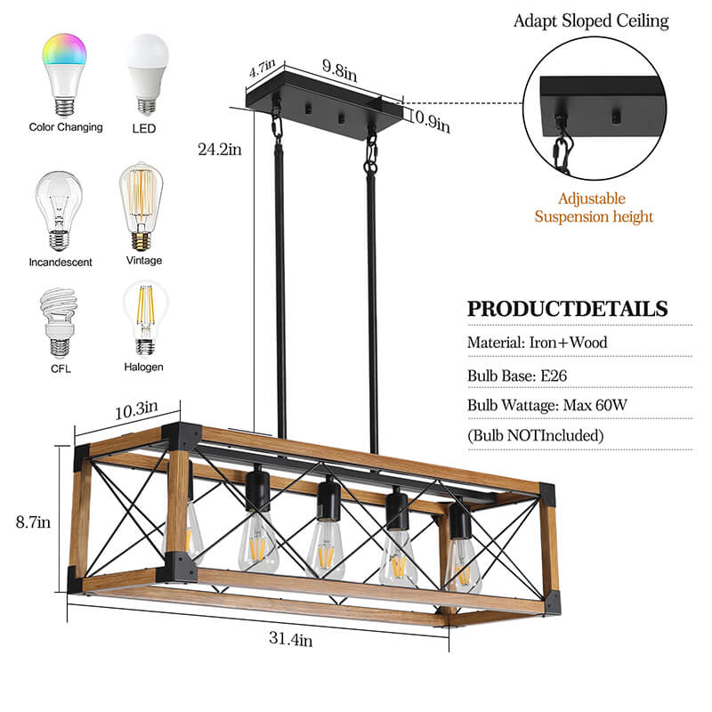 Walnut 5-Light Retro Farmhouse Pendant Light