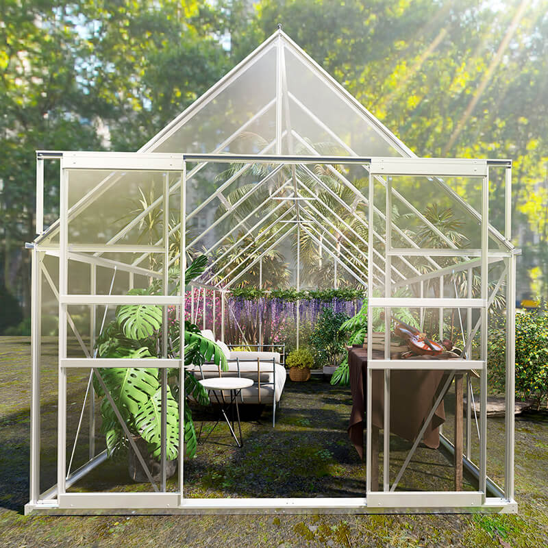 188" Sliver Polycarbonate Greenhouse With Roof Vent And Sliding Doors