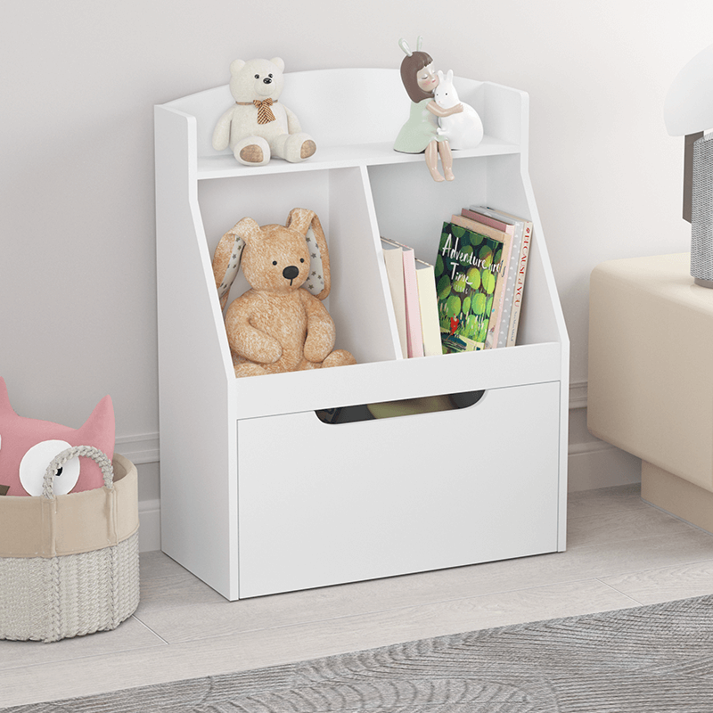 24.61" White Kids Wooden Bookshelf with Drawer and Wheels