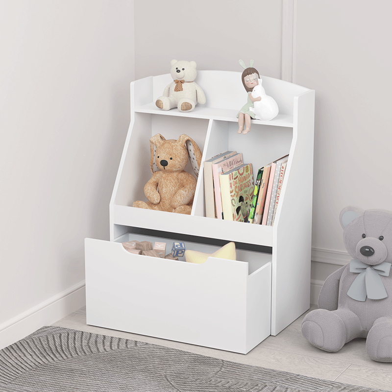 24.61" White Kids Wooden Bookshelf with Drawer and Wheels