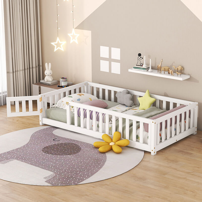 77.6" White Twin Size Bed Floor With Safety Guardrails For Kids