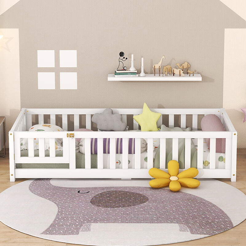 77.6" White Twin Size Bed Floor With Safety Guardrails For Kids