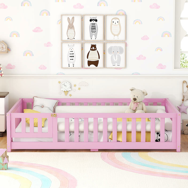 77.6" Pink Full Size Bed Floor With Safety Guardrails For Kids