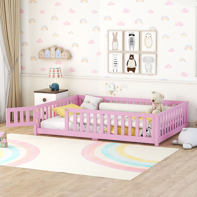 77.6" Pink Full Size Bed Floor With Safety Guardrails For Kids