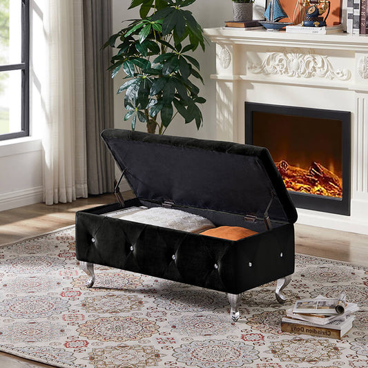 38.2" Black Upholstered Ottoman Storage Bench