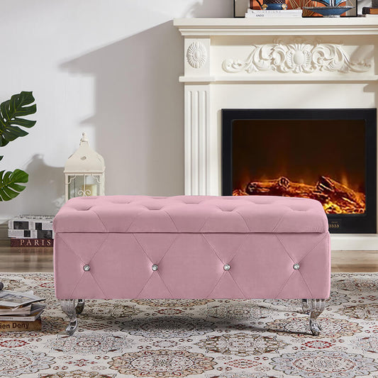 38.2" Pink Velvet Ottoman Storage Bench