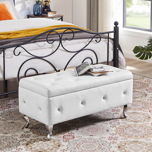 White Leather Upholstered Storage Ottoman Bench