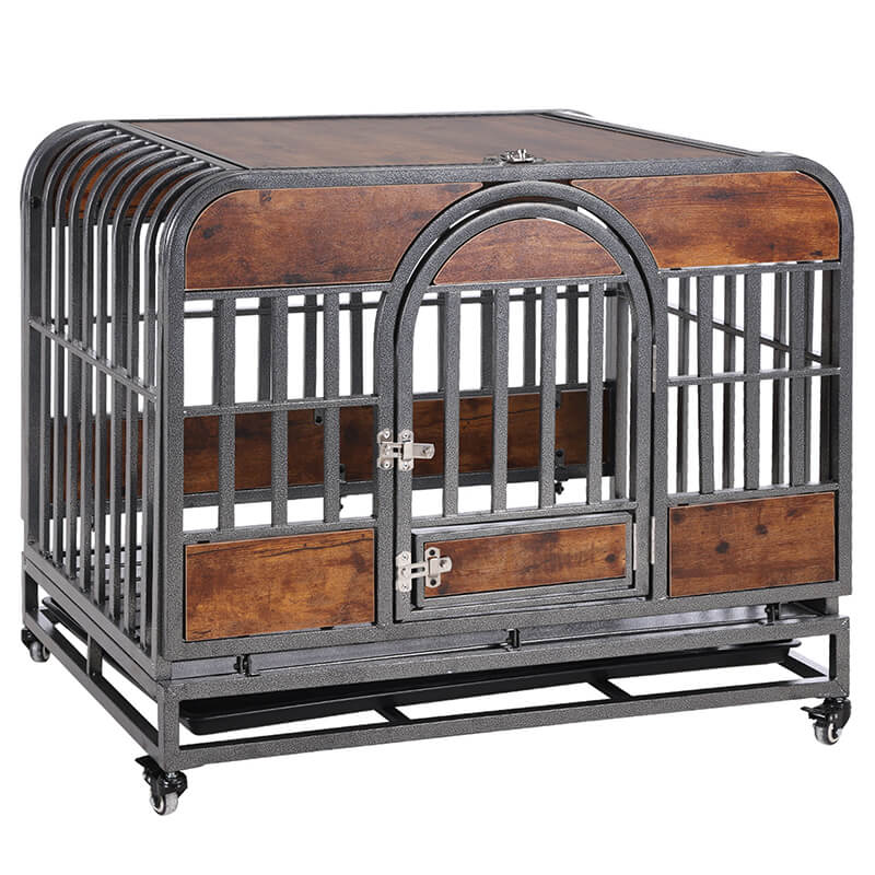 37" Brown Dog Crate With Removable Trays and Wheels For High Anxiety Dogs