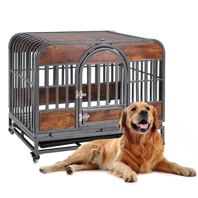 37" Brown Dog Crate With Removable Trays and Wheels For High Anxiety Dogs