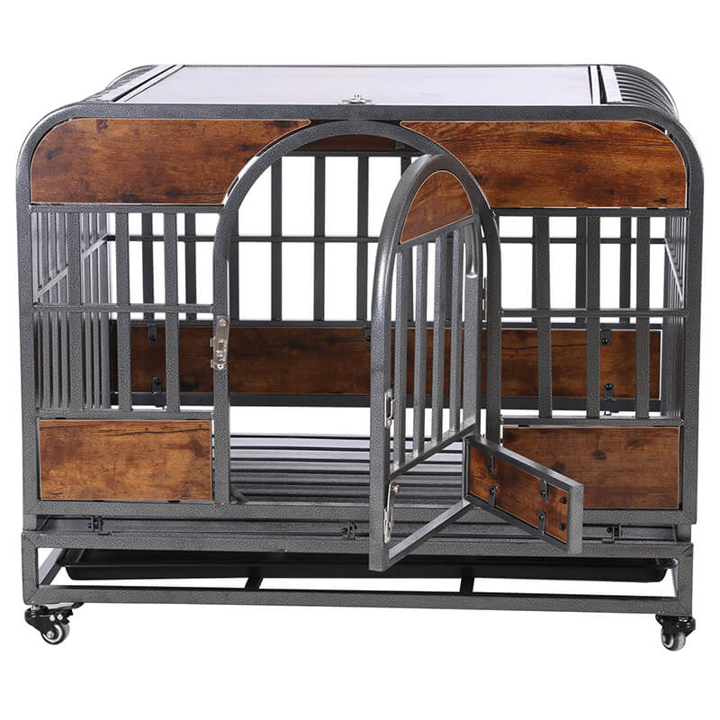 37" Brown Dog Crate With Removable Trays and Wheels For High Anxiety Dogs