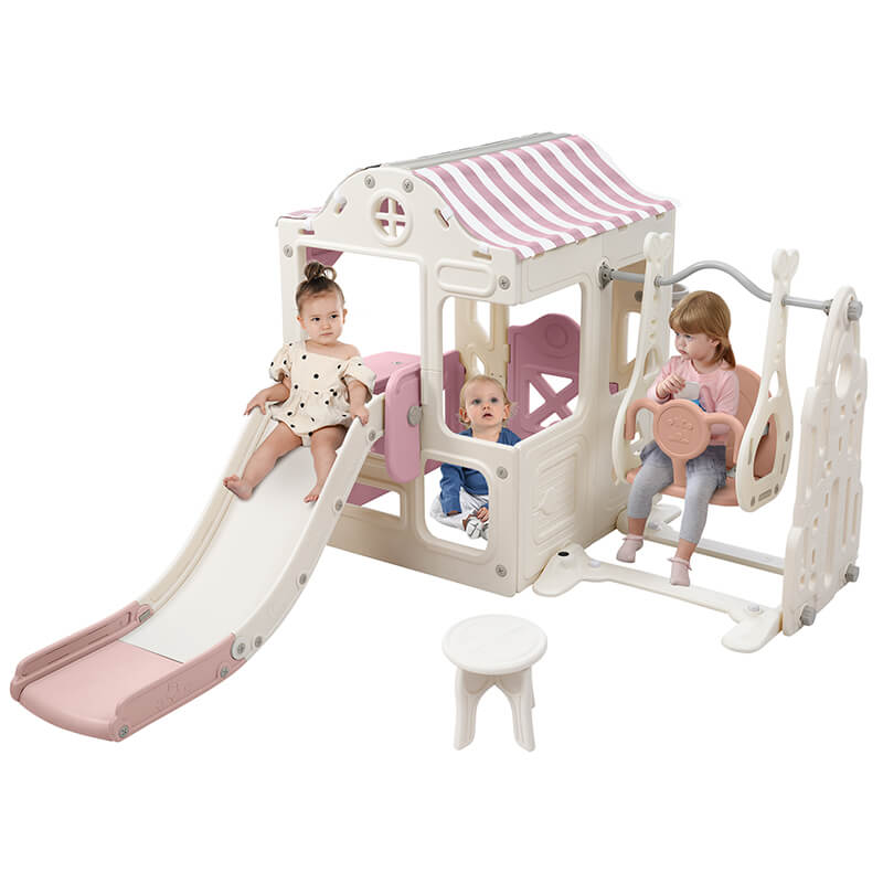 6 in 1 Pink+White Toddler Slide and Swing Playset With Freestanding Slide