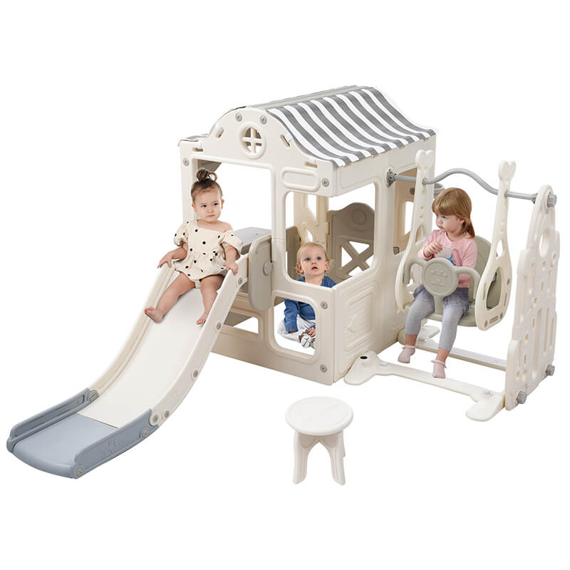 6 in 1 Off-White+Grey Toddler Slide and Swing Playset With Freestanding Slide