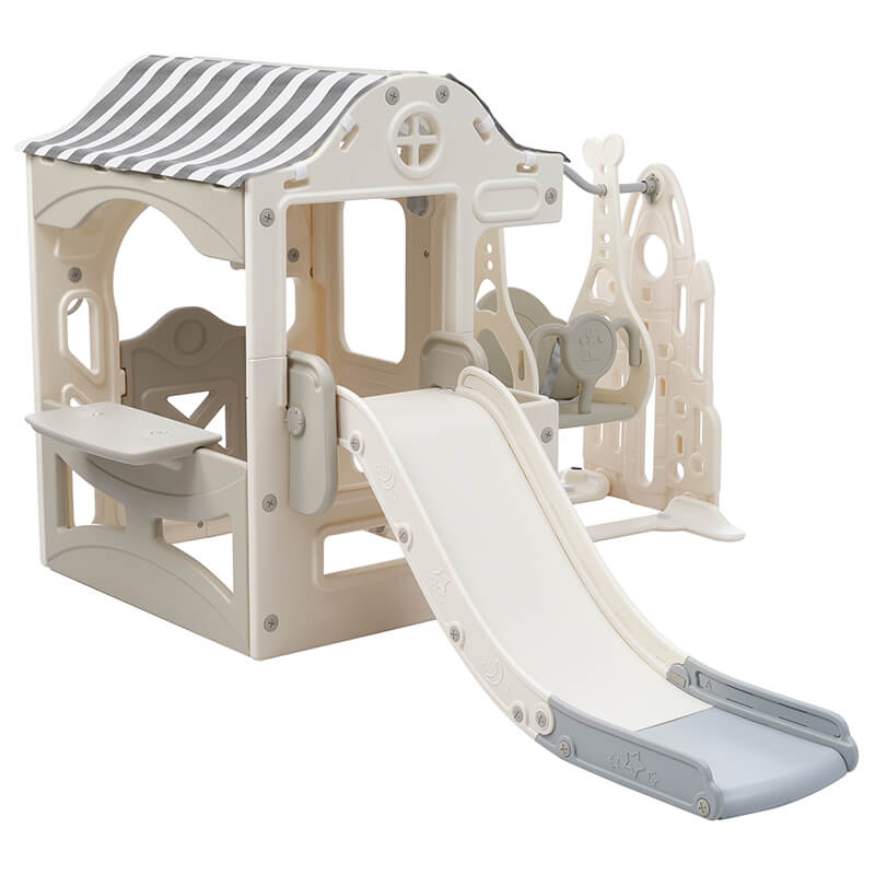 6 in 1 Off-White+Grey Toddler Slide and Swing Playset With Freestanding Slide