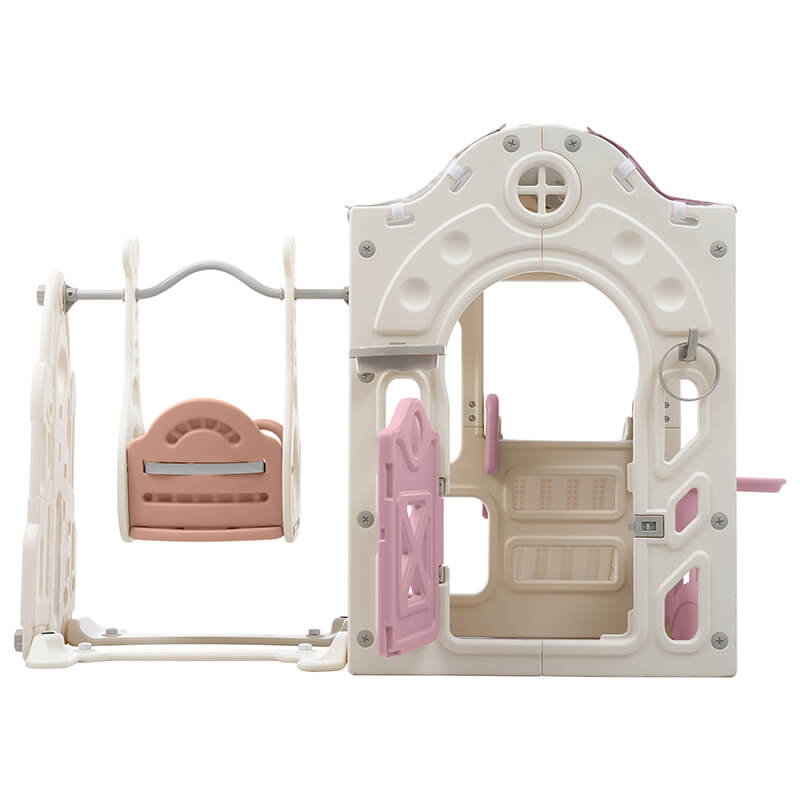 6 in 1 Pink+White Toddler Slide and Swing Playset With Freestanding Slide