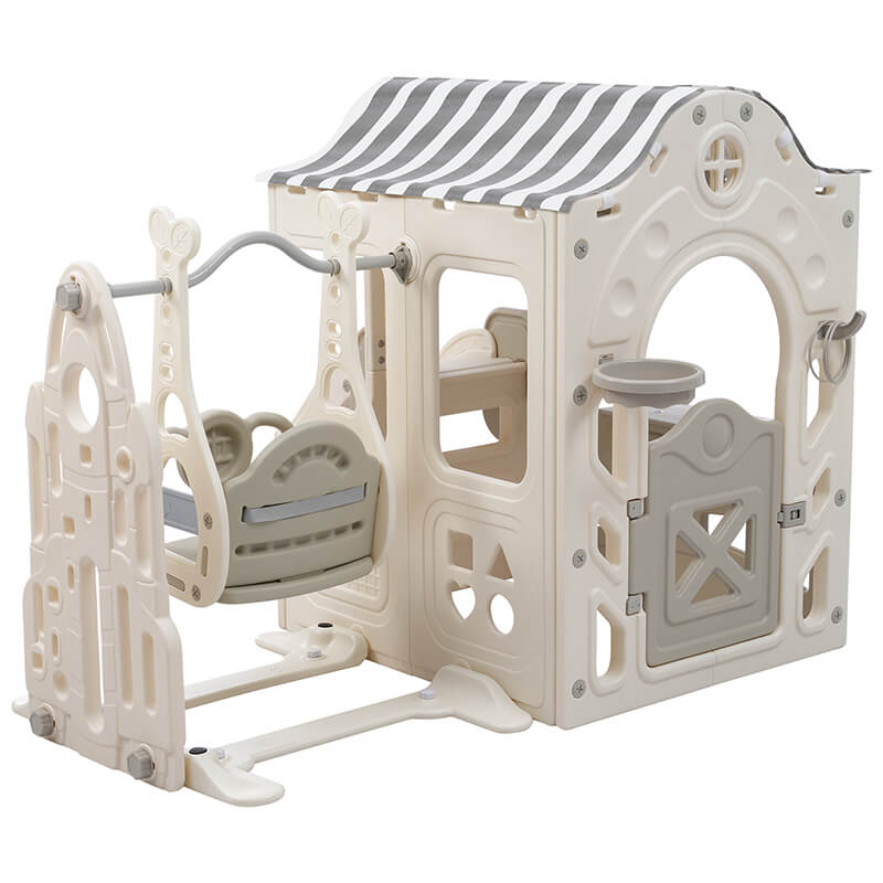 6 in 1 Off-White+Grey Toddler Slide and Swing Playset With Freestanding Slide