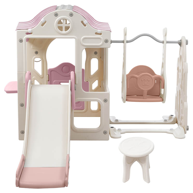 6 in 1 Pink+White Toddler Slide and Swing Playset With Freestanding Slide