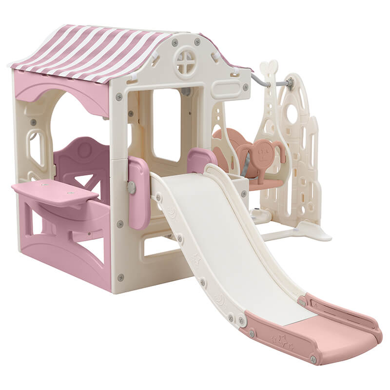 6 in 1 Pink+White Toddler Slide and Swing Playset With Freestanding Slide