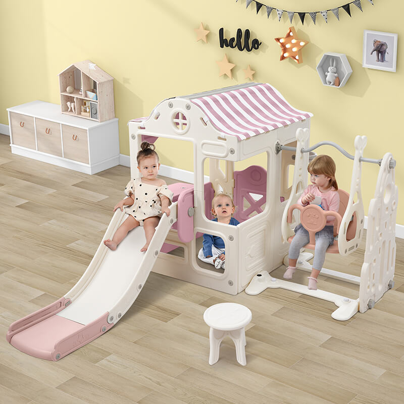 6 in 1 Pink+White Toddler Slide and Swing Playset With Freestanding Slide