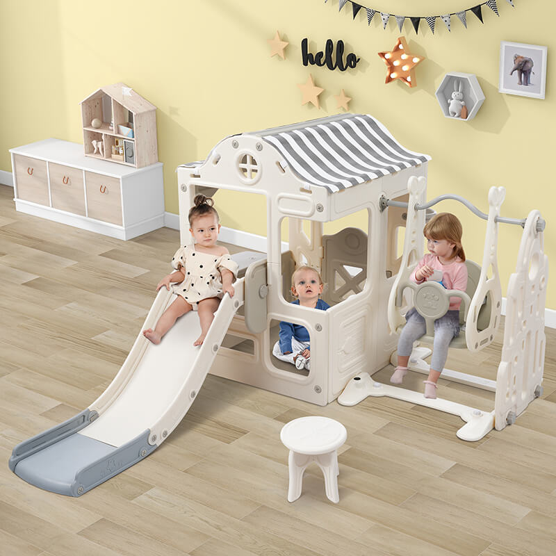 6 in 1 Off-White+Grey Toddler Slide and Swing Playset With Freestanding Slide