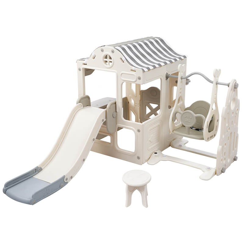 6 in 1 Off-White+Grey Toddler Slide and Swing Playset With Freestanding Slide