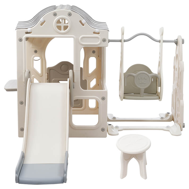 6 in 1 Off-White+Grey Toddler Slide and Swing Playset With Freestanding Slide