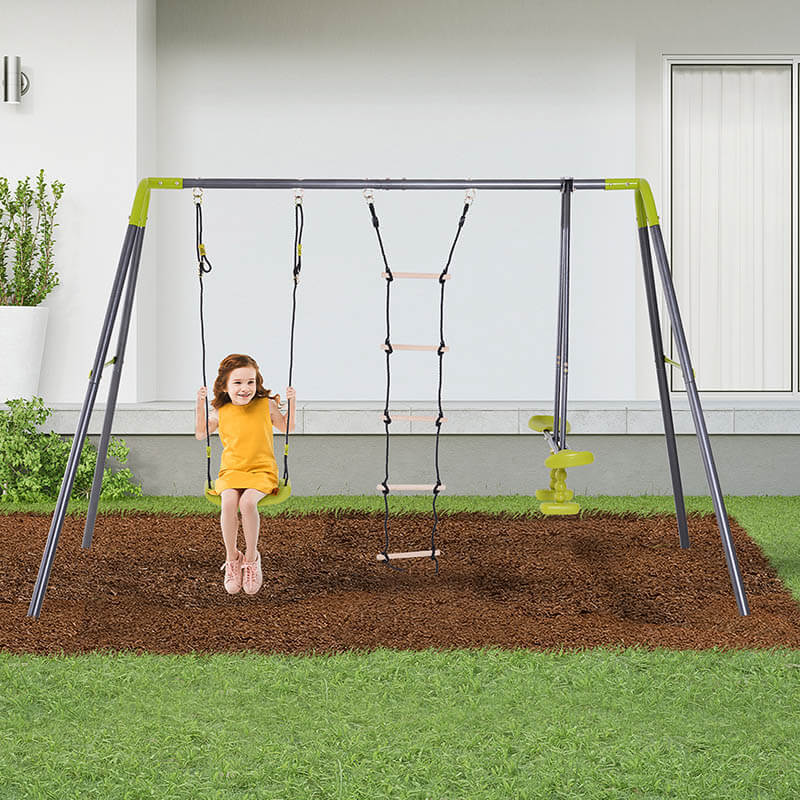 116.2" Grey 3-in-1 Metal Swing With Swing Seat And Climbing Ladder