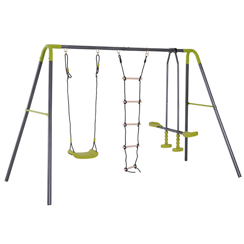 116.2" Grey 3-in-1 Metal Swing With Swing Seat And Climbing Ladder