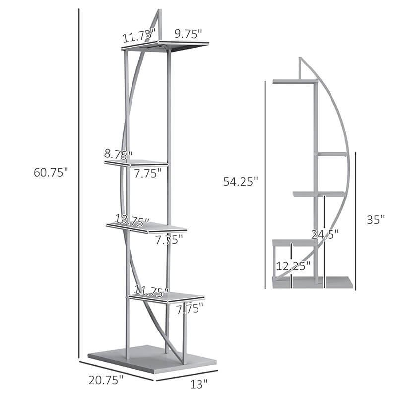 A dimension Image of our 20" Gray Half Moon 5-Tier Metal Plant Stand with Hangers