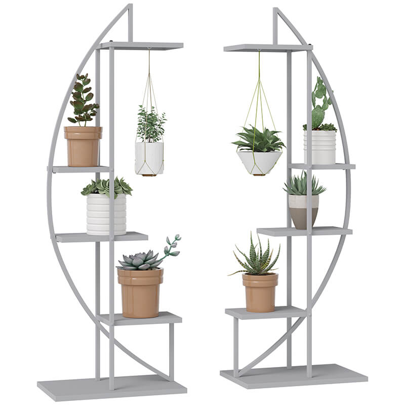 20" Gray Half Moon 5-Tier Metal Plant Stand with Hangers