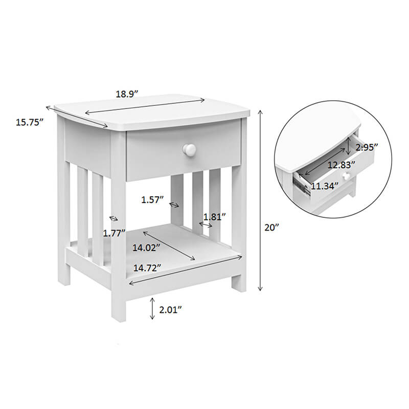 20" Modern White Mission Bedside Table with Shelve - 1 Drawer