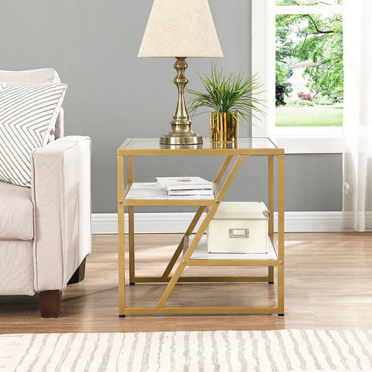 21.85" Golden Tempered Glass Side Table with Storage Shelf