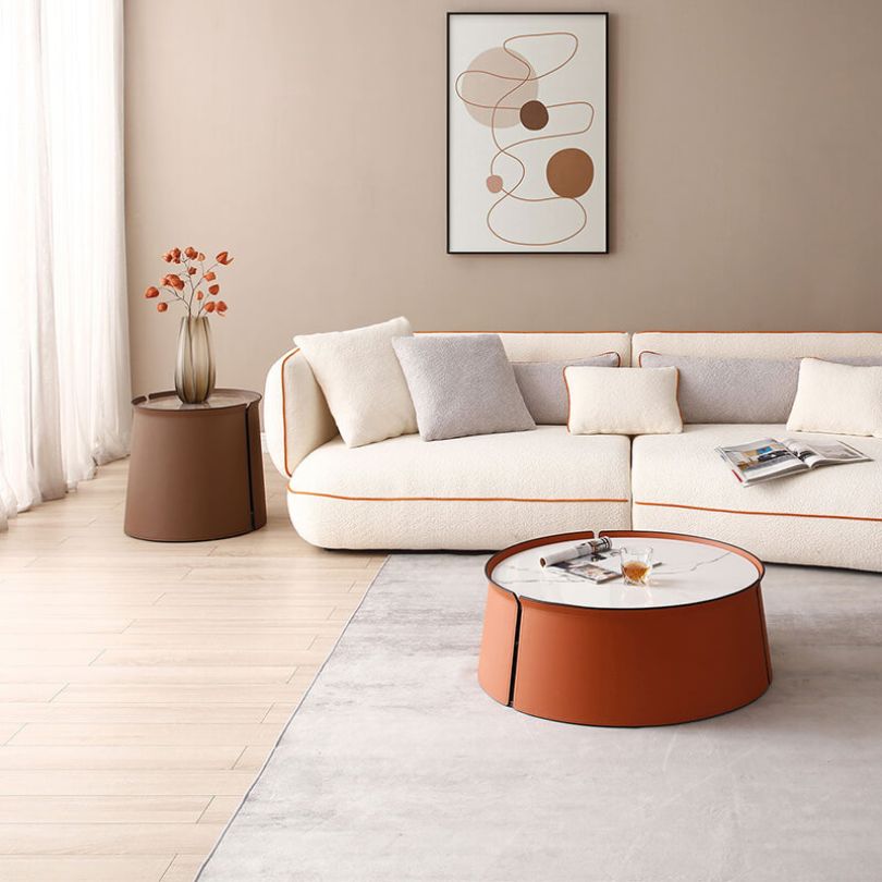 21 Contemporary Saddle Leather Drum-shaped Coffee Table with Brown Marble Top