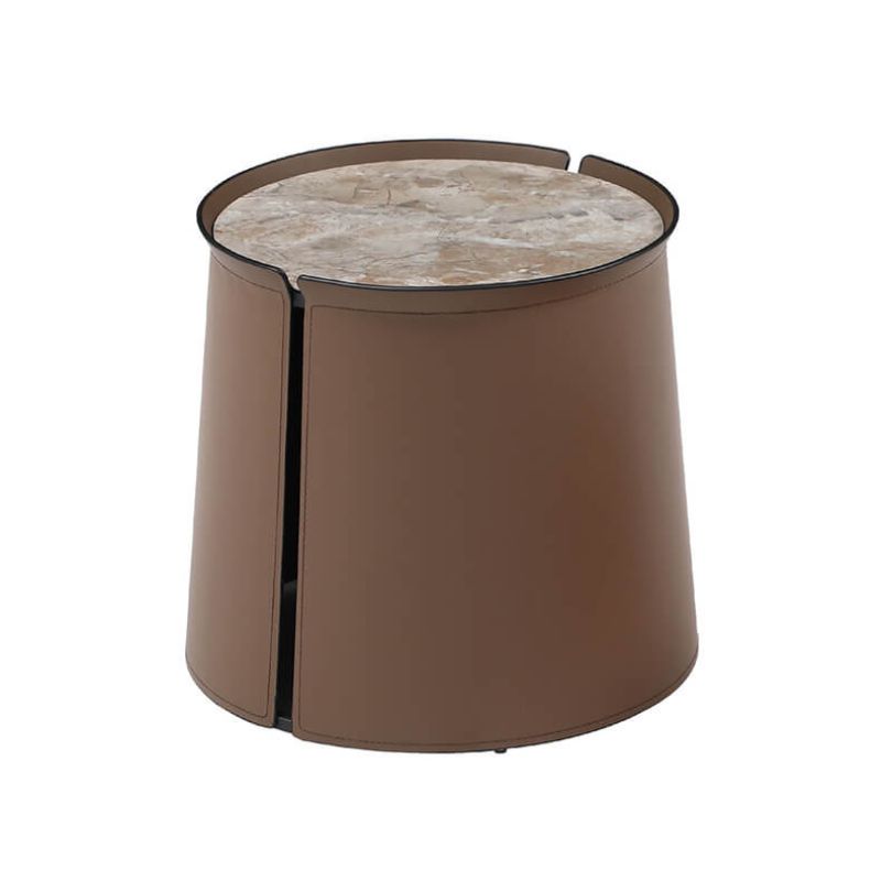 21 Contemporary Saddle Leather Drum-shaped Coffee Table with Brown Marble Top